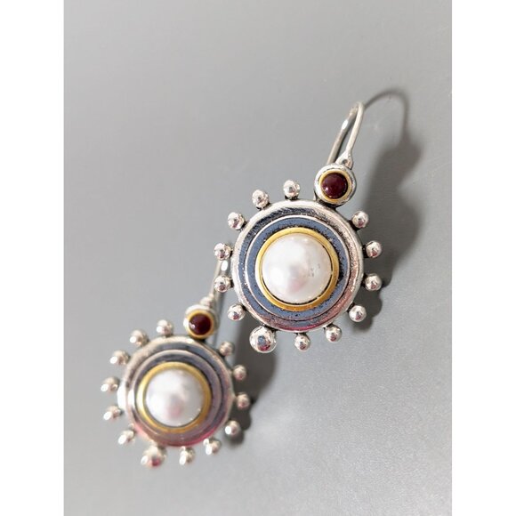 White Faux Pearl Modernist Earrings Two Tone Red Drop Chic Atomic - Picture 1 of 8